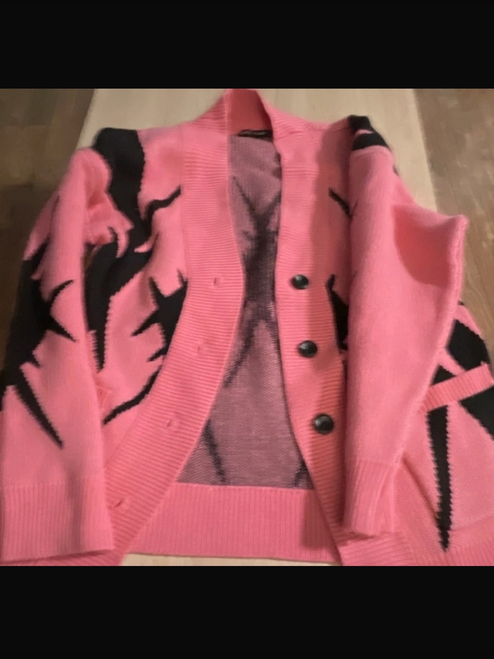 Men's Pink Shawl Collar Button Cardigan with Black Graphic Detail